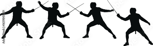 Silhouette of fencers in action, fencing sport, sword fighting, dynamic poses, black and white, vector illustration, fencing match, cad drawing flat vector illustration