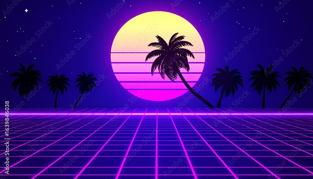 Naklejka premium Abstract vaporwave wallpaper with neon grid perspective, retro sunset gradient, and synthwave-inspired color palette. Perfect for nostalgic 80s retrofuturism designs, backgrounds, and creative digital