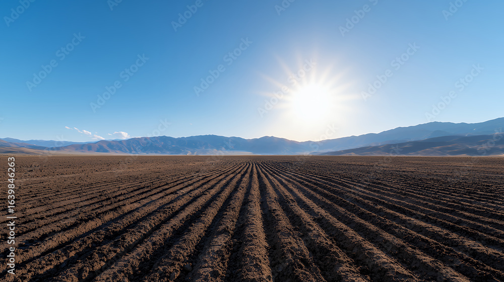 Obraz premium Vast agricultural field with neatly arranged rows under bright sun, showcasing beauty of nature and farming