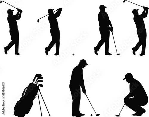 Golfers silhouette vector set, professional golf players in swing, putting, and stance poses with golf bag, ideal for sports designs