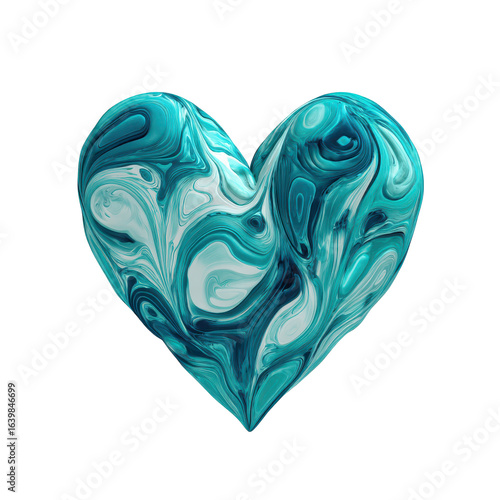 Colorful abstract heart shape with swirls and waves in turquoise and white tones displayed on a plain background