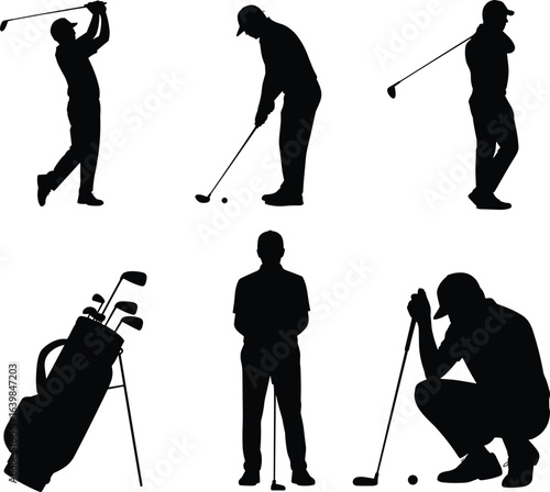 Golfers silhouette collection, golf players swinging, putting, planning shots, golf bag with clubs, vector sports illustration for golfing design set
