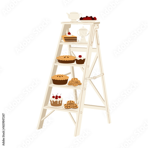 A white stepladder displaying a variety of delicious baked goods and desserts on its shelves.