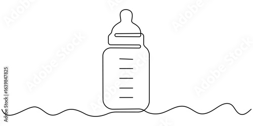 One continuous line illustration of a baby bottle, isolated on white background. Line art of baby bottle, Simple One Line Drawing of a Baby Bottle, Minimalist Child Care Design, One continuous line. 