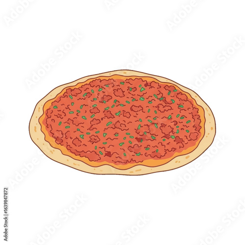 A delicious and savory flatbread pizza topped with seasoned meat and herbs, presented as a simple illustration.