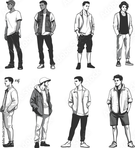 Trendy male character illustration, young men in streetwear poses, hand-drawn casual outfits, stylish modern fashion sketch, urban youth vector clothing art