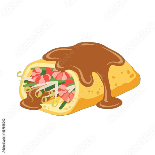 A delicious-looking, sliced, filled, and sauced egg wrap with shrimp and vegetables.