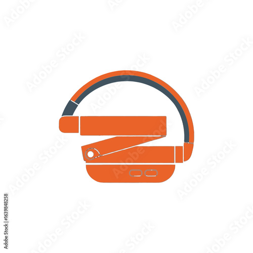 Minimalist vector icon of modern, orange and grey foldable headphones in a compact, collapsed state.