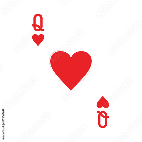 Queen of Hearts Playing Card, Red Suit, Simple Design.