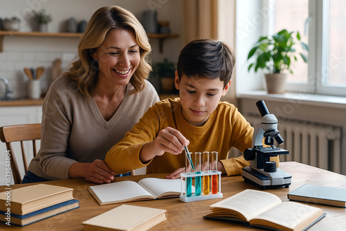 Warm family learning scene in a cozy kitchen, middle school student conducting a science experiment with test tubes and a microscope, smiling parent assisting, surrounded by books, plants.