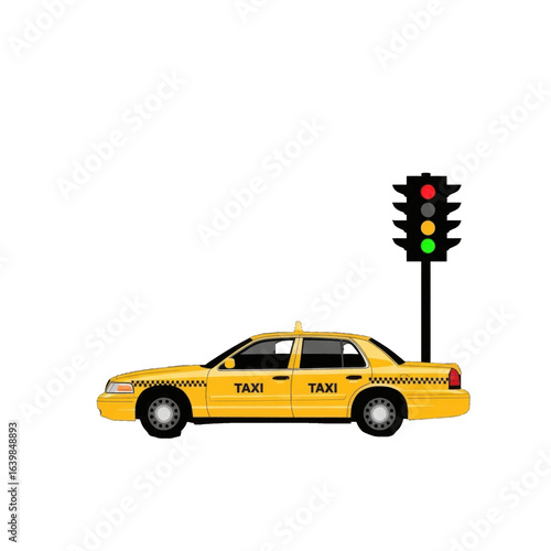 Yellow taxi car at a traffic light with the green light on.