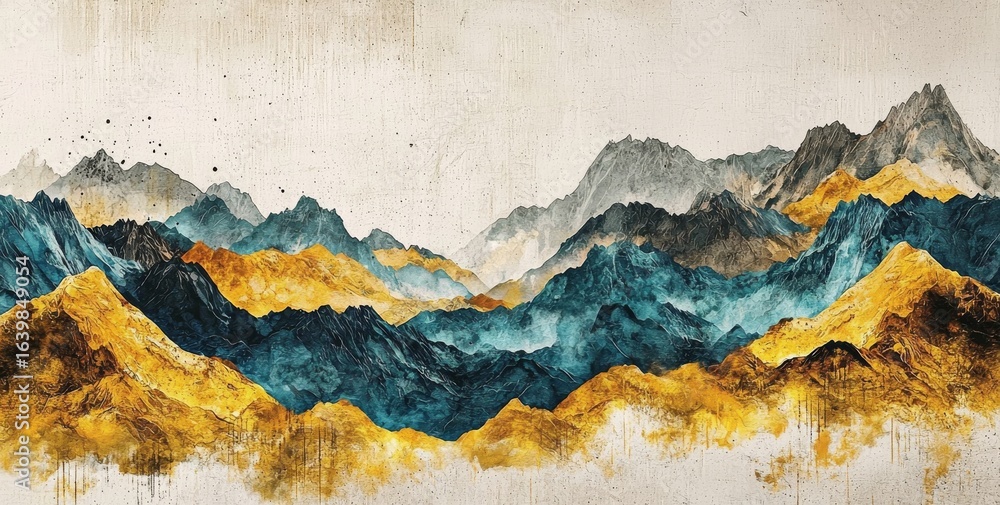 Naklejka premium Abstract Mountain Range in Teal, Gold and Grey, landscape art , mountain painting