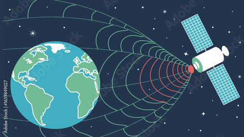 Space satellite transmitting curved signal lines around earth in detailed illustration showing global communication