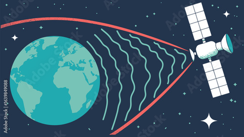 Satellite orbiting earth in outer space with signal waves and curved transmission lines surrounding the globe
