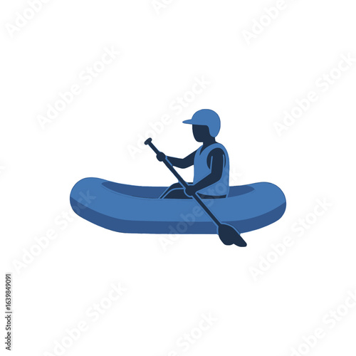 A person in a blue inflatable boat using a paddle.