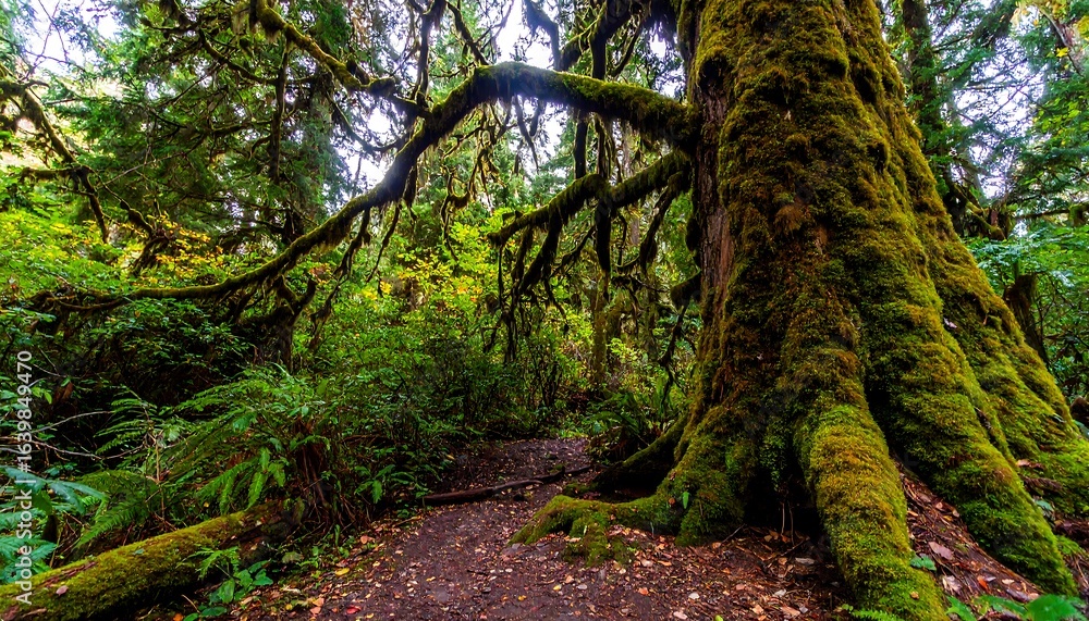Naklejka premium Lush forest floor with mossy ancient trees.
