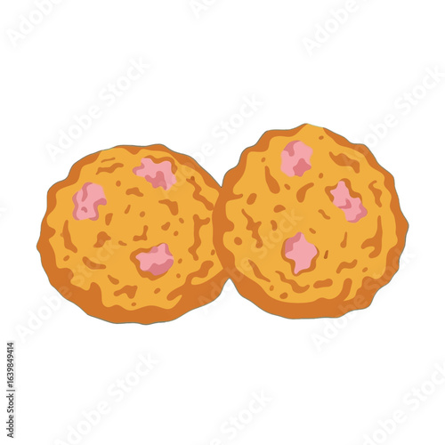 Two delicious cookies with pink chunks on a white background illustration.