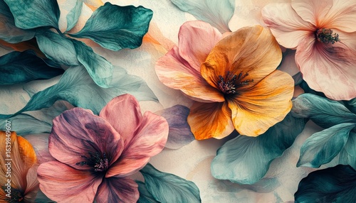 Wallpaper Mural Floral Dreamscape Delicate Flowers and Teal Leaves, Floral Art , Botanical Torontodigital.ca