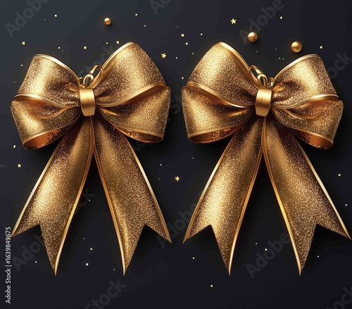 Elegant golden gift bows on a dark background with shiny accents ideal for celebration, parties, and festive occasions