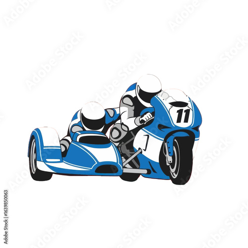 A detailed illustration of a blue and white sidecar motorcycle racing on a track with two riders.