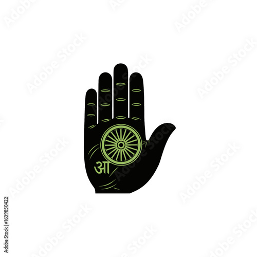 Black hand palm displaying Dharmachakra symbol,  ancient Indian religious iconography.