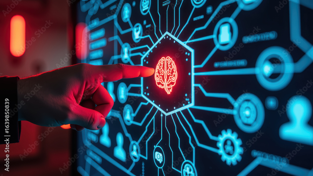 Fototapeta premium Hand interacts with digital interface displaying glowing brain symbol, representing artificial intelligence and technology. background features