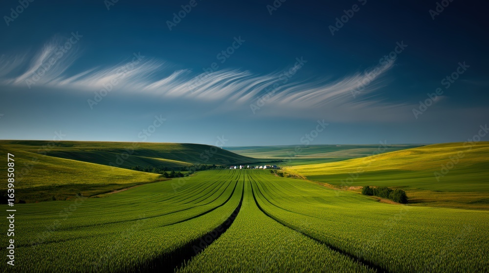 Obraz premium Vast green fields stretch under a clear blue sky with wispy clouds, leading to distant white houses nestled among rolling hills