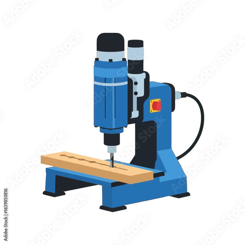 Blue industrial drilling machine creating precise holes in a wooden plank, used for woodworking and carpentry tasks.