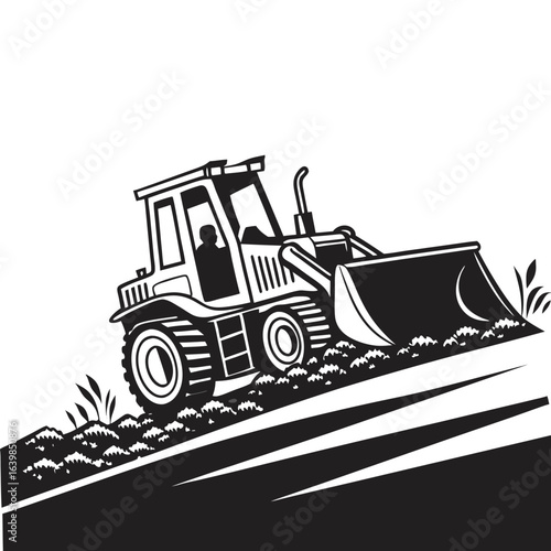 Black and white icon of a wheel loader silhouette pushing dirt on a construction site. Vector illustration of earthmoving machinery.