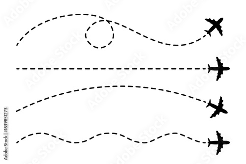 Airplane travel track with dotted line route. Aircraft tracking, different flight path of the plane
