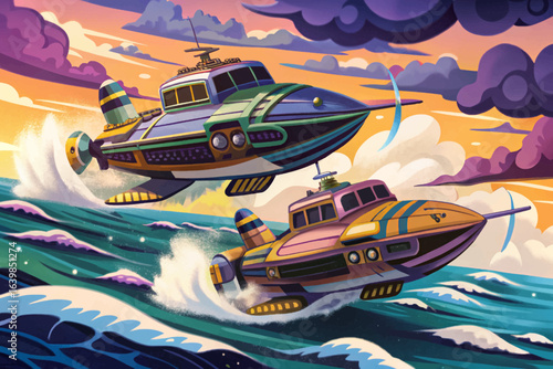 Futuristic flying boat hovers above ocean waves, blending innovative marine and aerospace design, ideal for sci-fi concept art, futuristic transport visuals, and advanced maritime-aeronautical technol