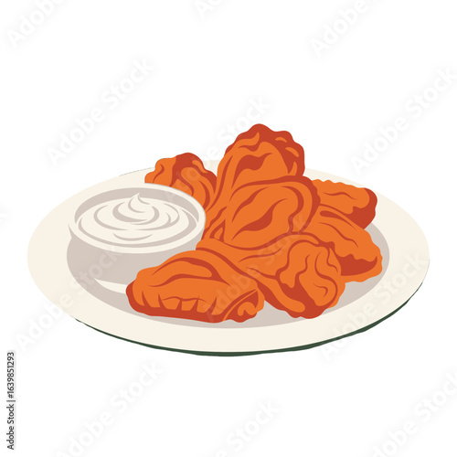 A plate of delicious fried chicken wings served with a side of creamy dipping sauce.