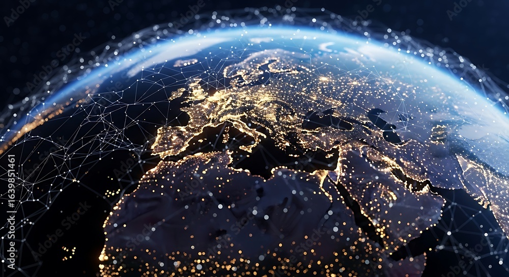 Obraz premium Earth at Night Showing City Lights with Global Network