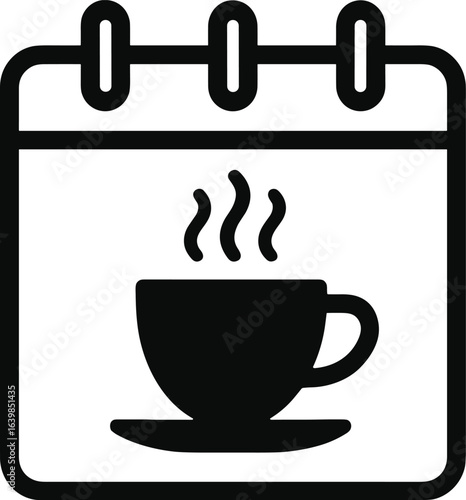 Black and white icon of coffee cup and steam shown inside a calendar