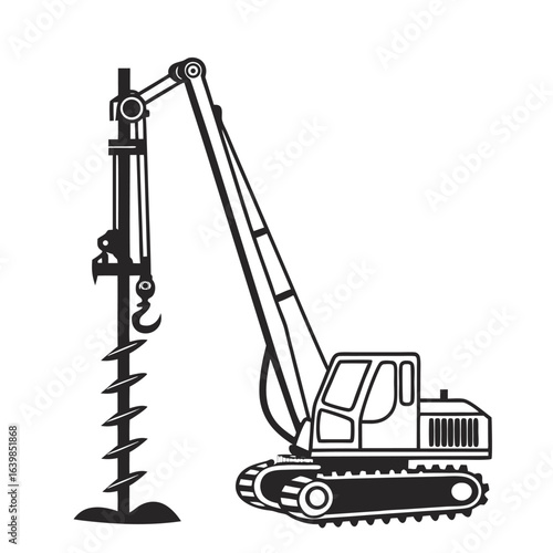 Pile driver machine silhouette. Black and white vector icon of a construction drilling rig with an auger for ground work.