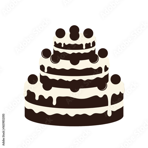 Three-tiered chocolate cake with white frosting and chocolate toppings.