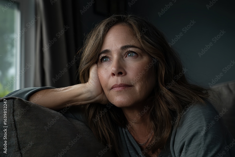 Fototapeta premium A thoughtful middle-aged woman gazes out a window, resting her head on her hand, with soft natural light illuminating her face