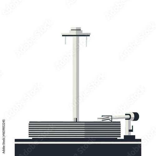 A minimalist graphic illustration of a turntable with a tall spindle holding a stack of vinyl records.