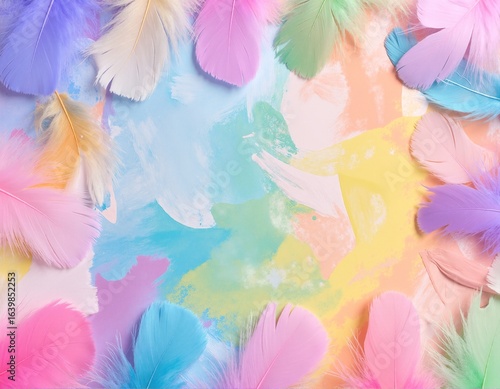 A vibrant array of colorful feathers in shades of blue, red, yellow, and green, elegantly arranged against a soft, pastel background that enhances their beauty.