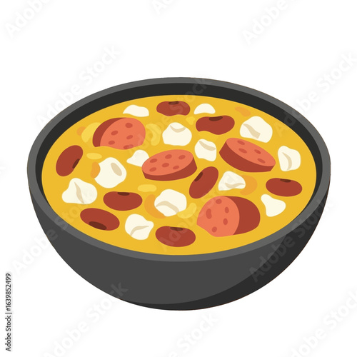 A black bowl filled with a hearty stew containing red beans, white cheese curds, and sliced sausage.