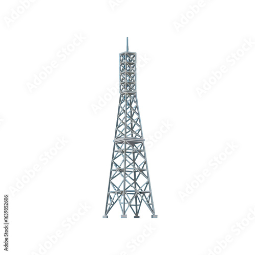 Isolated metal lattice tower on white background, telecommunications structure.