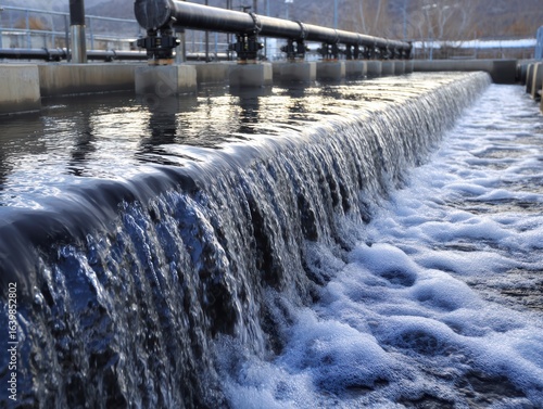 Wallpaper Mural Water flows over a weir at a modern wastewater treatment facility, with pipes and foam visible in the foreground Torontodigital.ca