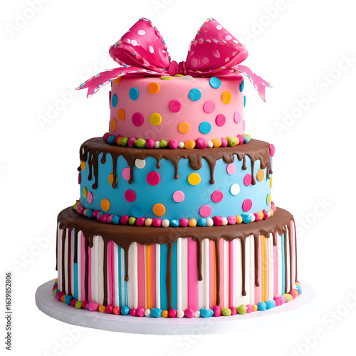 Wallpaper Mural Joyful Celebration: Colorful Three-Tiered Birthday Cake with Pink Bow Torontodigital.ca