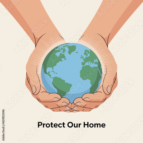 Conceptual illustration of human hands holding and protecting planet Earth. A symbol for environmental conservation and protecting our home.