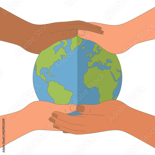 Diverse hands holding and protecting planet Earth, symbolizing global unity, environmental care, and international cooperation.