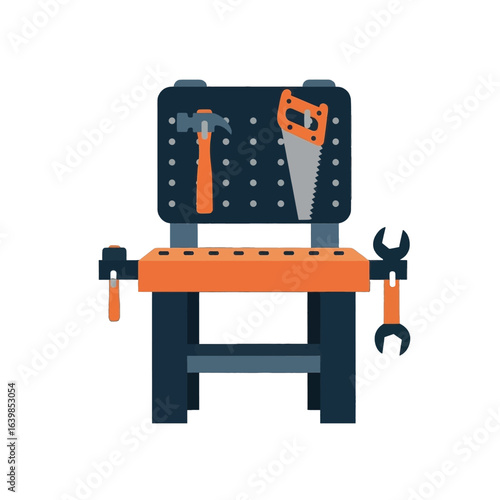 A flat illustration of a workbench with tools displayed, ready for use.