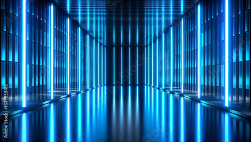 Futuristic blue neon light corridor with reflective floor and vertical lines, abstract architectural background with glowing illumination