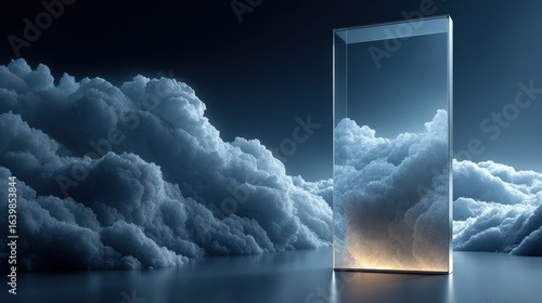 White smartphone prism projects augmented reality into deep navy space with cloud forms