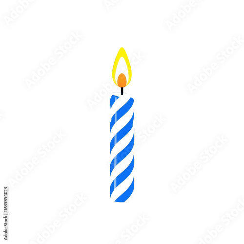 A single blue and white striped birthday candle with a yellow flame.