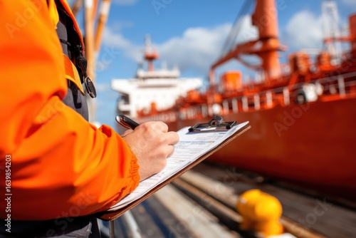 Wallpaper Mural A person in an orange safety jacket inspects and writes on a clipboard near a large red cargo ship at a port Torontodigital.ca